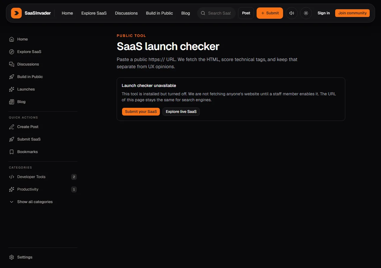 SaaS launch checker page showing the tool is installed but not fetching