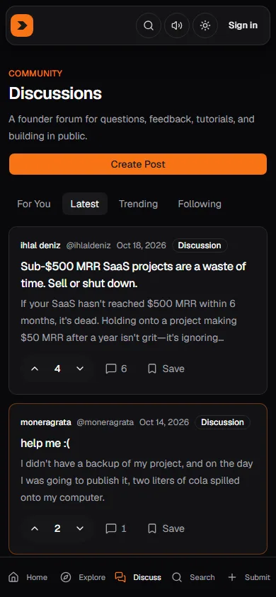 SaaSInvader Discussions on a phone-sized viewport
