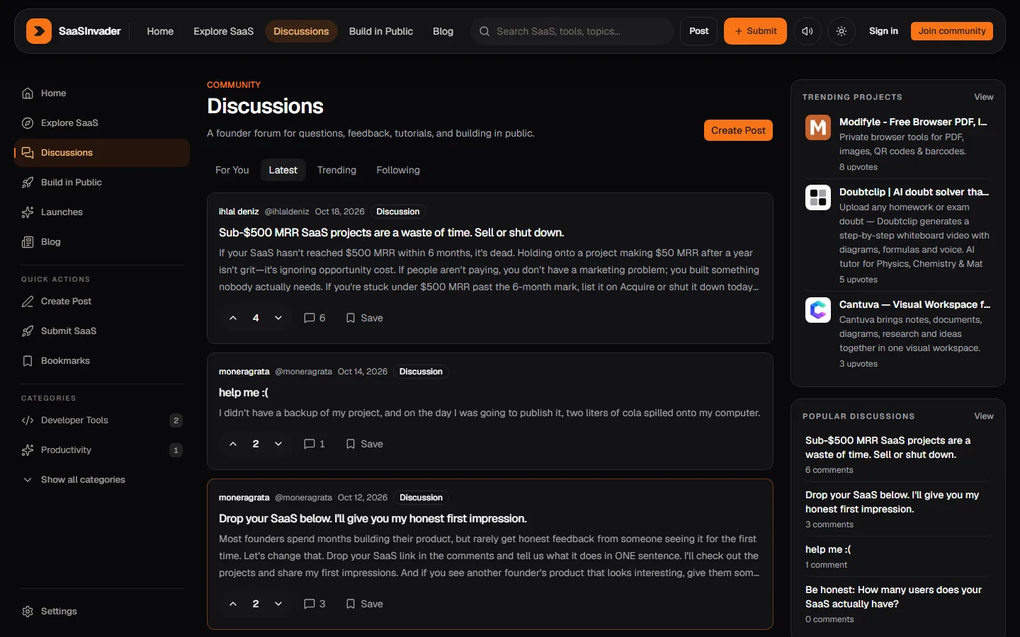 SaaSInvader Discussions index with founder threads
