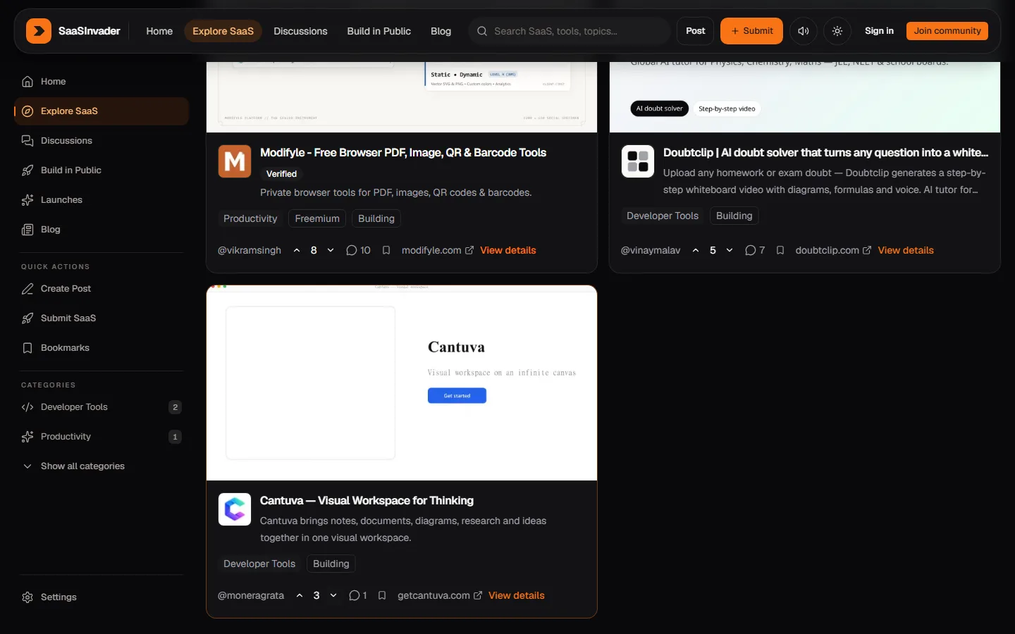 Product cards on SaaSInvader Explore including live listings