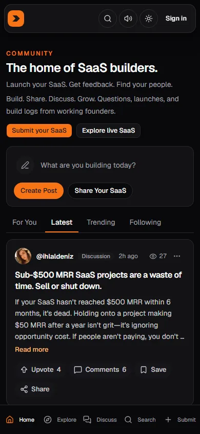 SaaSInvader homepage on a narrow phone-sized viewport
