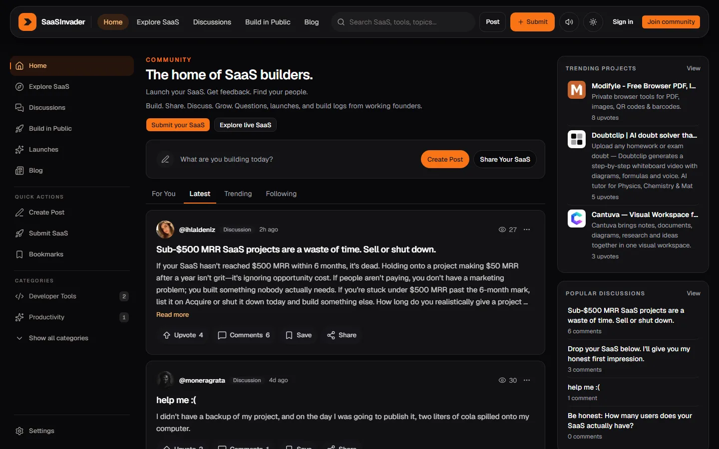 SaaSInvader homepage with the heading The home of SaaS builders